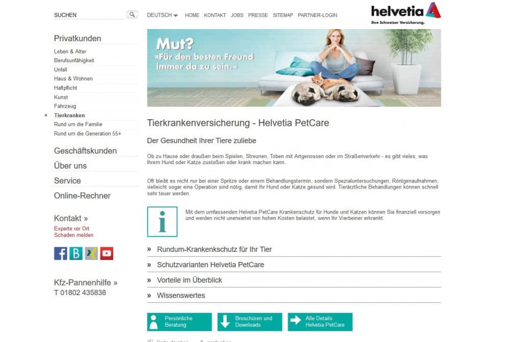 Die Webseite der Helvetia Hunde OP Versicherung